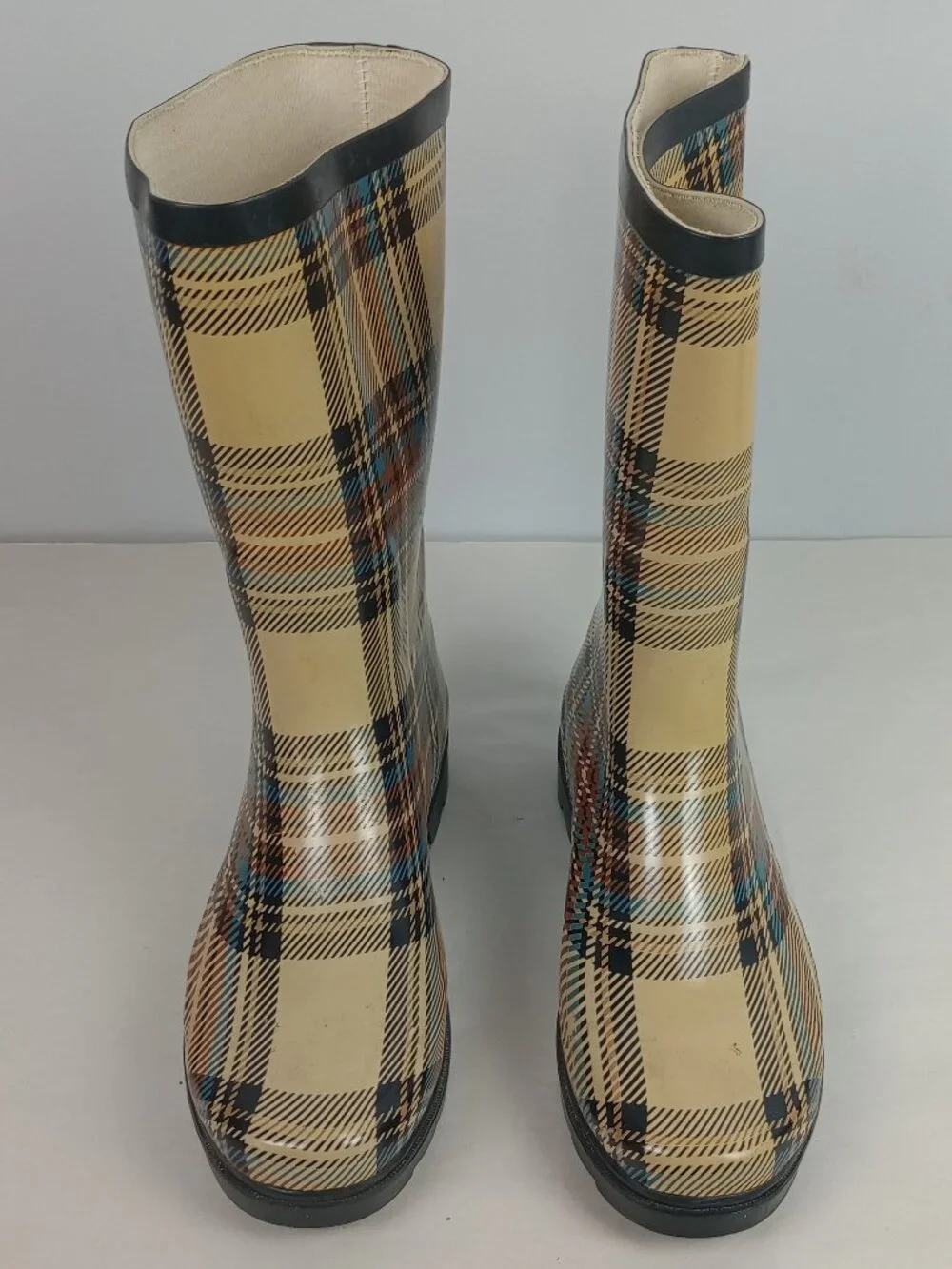 Sporto Womens 10M Amy Yellow Red Blue Black Plaid Rubber Wellington Rain‎ Boots